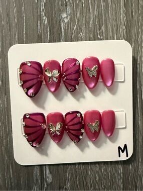 Pink Butterfly Accent Press-On Nails - Glam Short Almond Set
